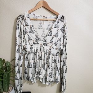 Free People Deep V Long Sleeve Print Top